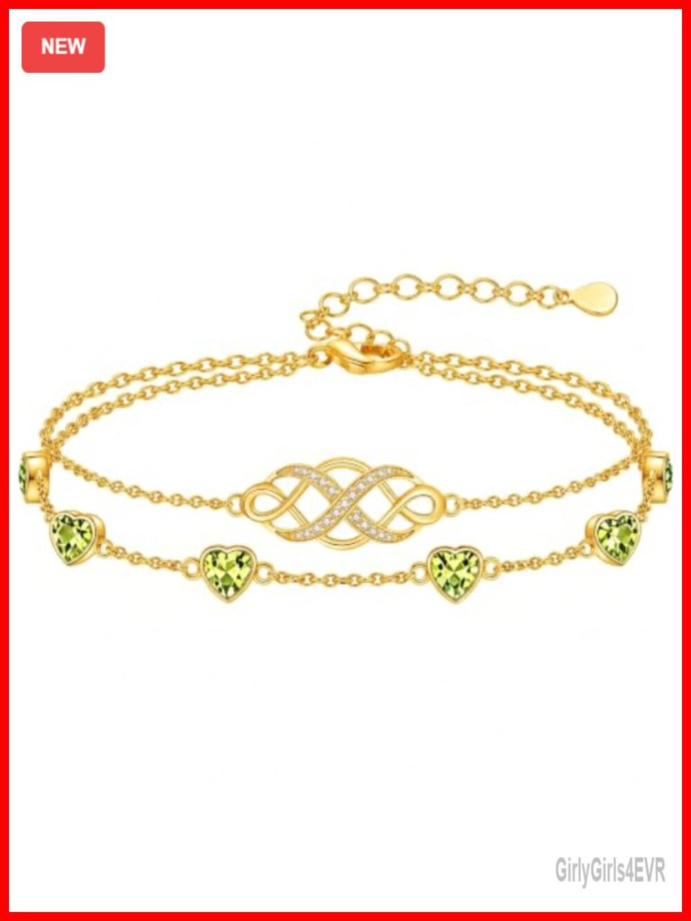 18K Gold Celtic Infinity Bracelet with Peridot Birthstone Adjustable Link Chain